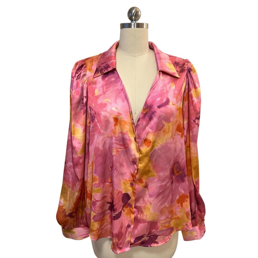 Flying Tomato Blouse Pink Orange Floral Tie-Dye V Neck Button Front LS sz L NWT